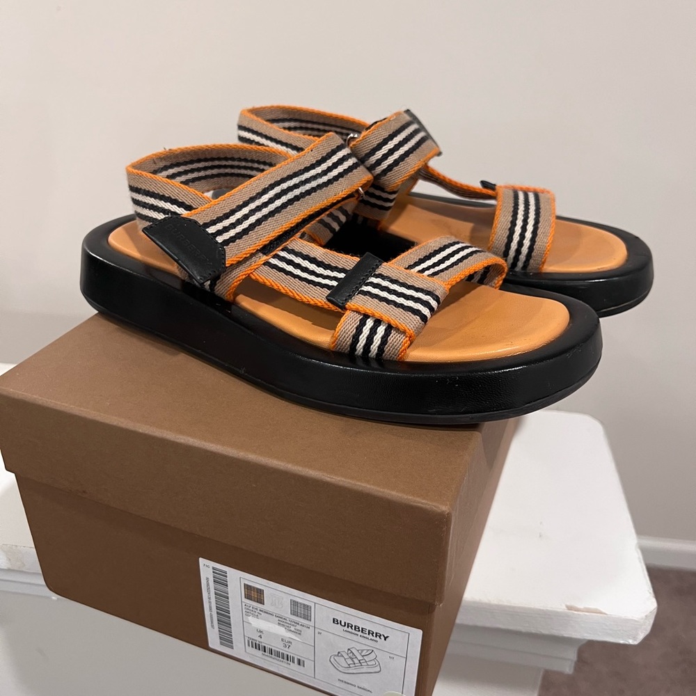 Burberry Orange Tan Black Striped Webbing Sandals